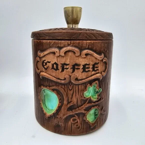 Vintage Treasure Craft US Canister Set - Flour Coffee Tea - Wood Look Ceramic wi - Picture 11 of 14